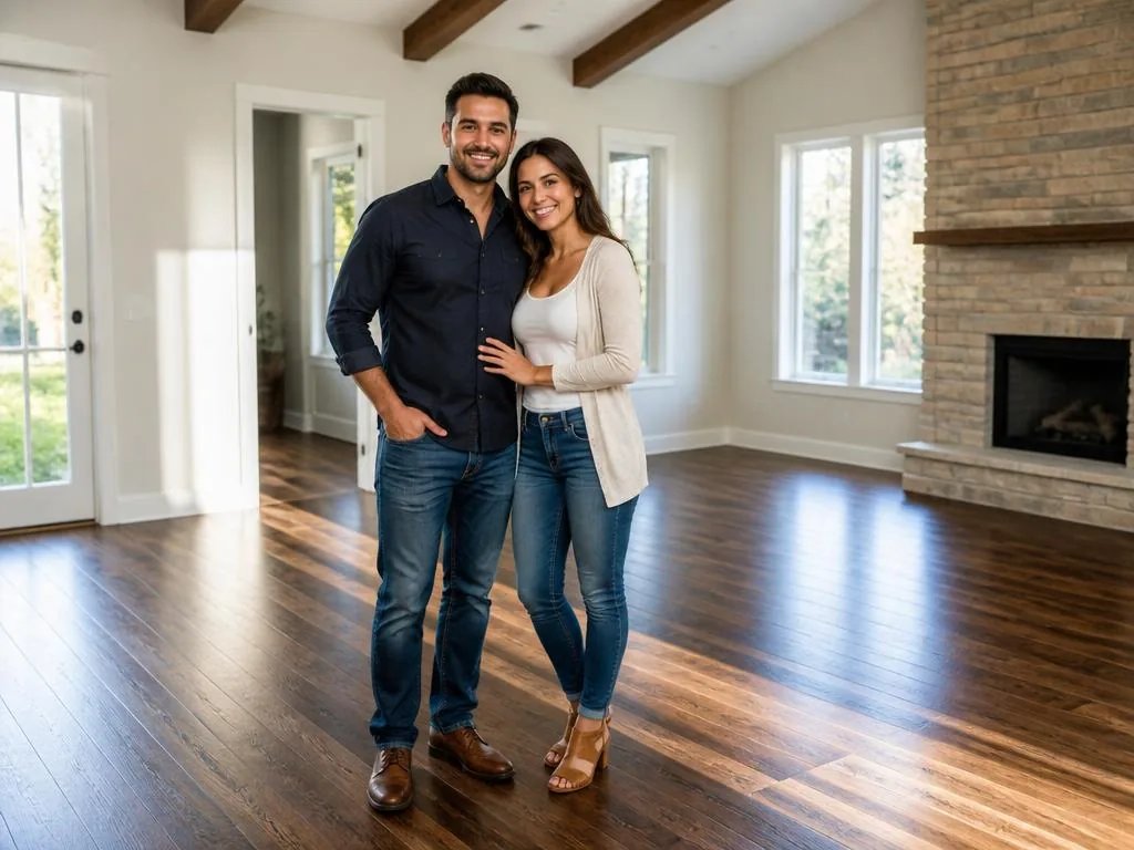 Happy homeowners in their beautifully remodeled living room
